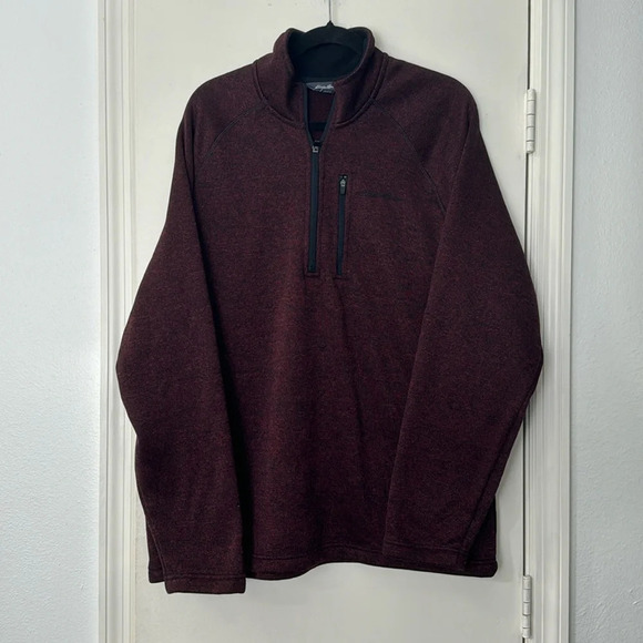 Men's Maroon Red Fleece Lined Eddie Bauer Quarter Zip Pullover Sweater Size XL - Picture 1 of 6